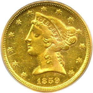 image for: 1859-D $5 PCGS MS61 (Medium D)