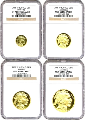 image for: 2008-W $5, $10, $25 & $50 NGC Proof 70 UCameo (4-Coin American Buffalo Set)