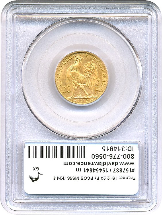 image for: France: 1912 20 Fr PCGS MS66 (KM-857)