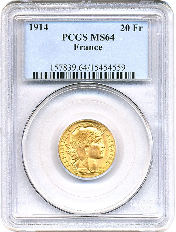 image for: France: 1914 20 Fr PCGS MS64 (KM-857)