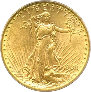 image for: 1908-D $20 PCGS MS63 (Motto)