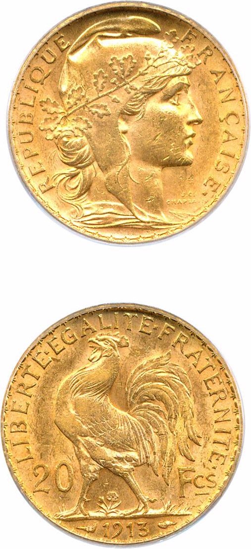 image for: France: 1913 20 Fr PCGS MS61 (KM-857)