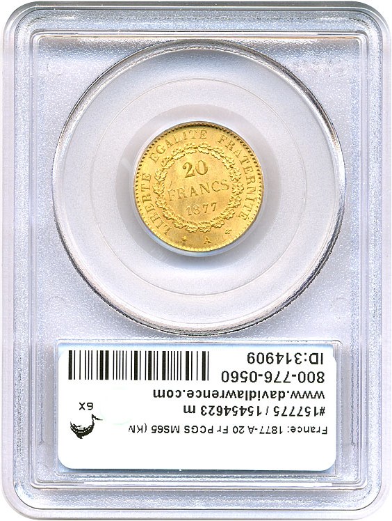 image for: France: 1877-A 20 Fr PCGS MS65 (KM-825)
