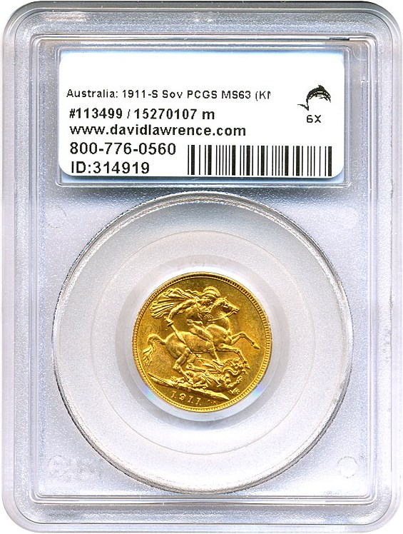 image for: Australia: 1911-S Sov PCGS MS63 (KM-29)