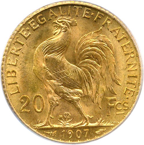 image for: France: 1907 20 Fr PCGS MS65 (KM-857)