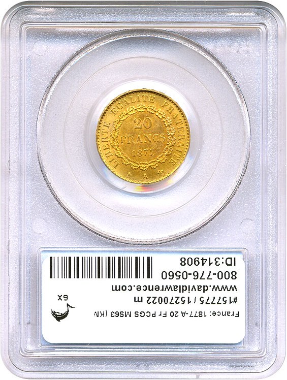 image for: France: 1877-A 20 Fr PCGS MS63 (KM-825)