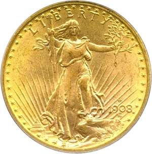 image for: 1908-D $20 PCGS MS65 (No Motto)