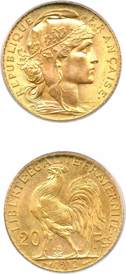 image for: France: 1912 20 Fr PCGS MS66 (KM-857)