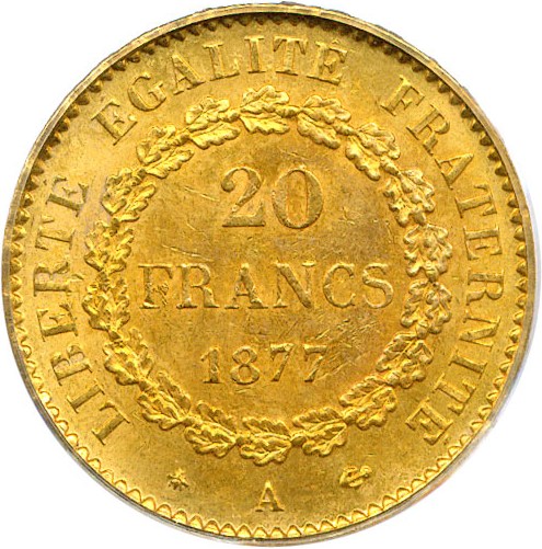 image for: France: 1877-A 20 Fr PCGS MS63 (KM-825)