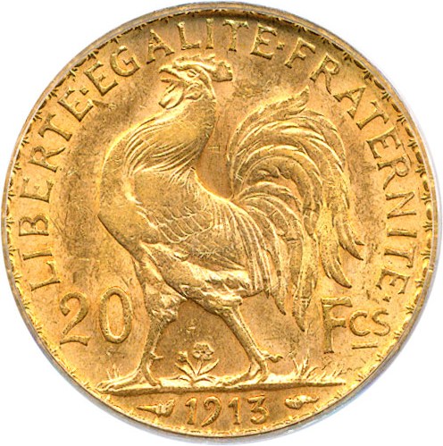 image for: France: 1913 20 Fr PCGS MS61 (KM-857)