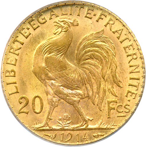 image for: France: 1914 20 Fr PCGS MS64 (KM-857)