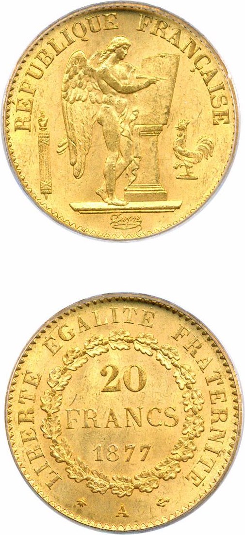 image for: France: 1877-A 20 Fr PCGS MS65 (KM-825)