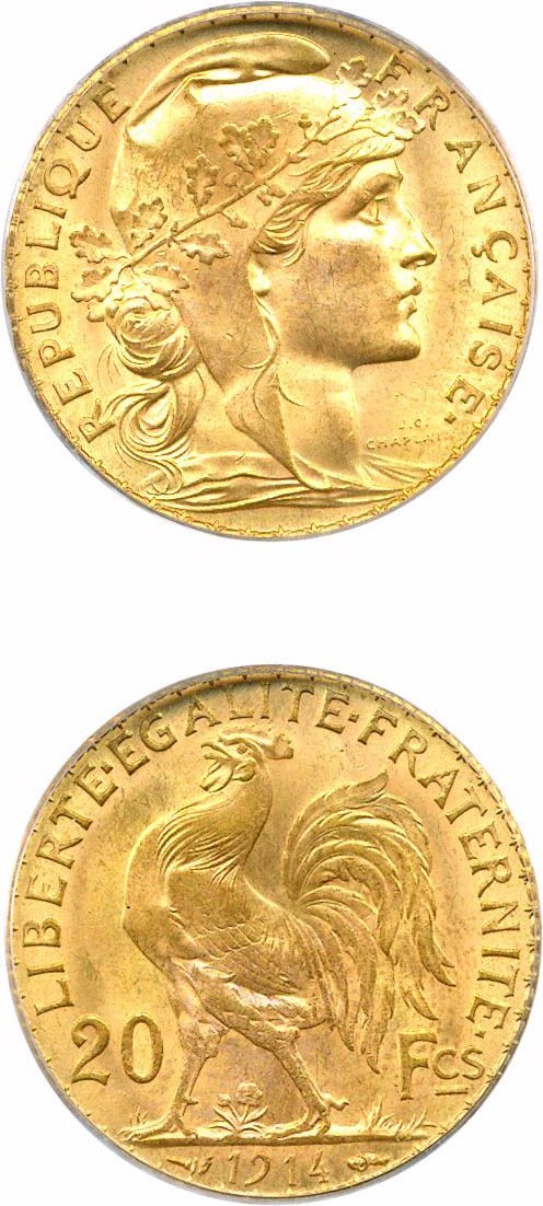 image for: France: 1914 20 Fr PCGS MS64 (KM-857)