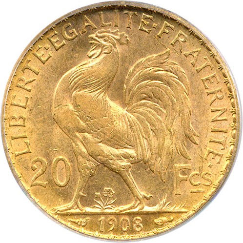 image for: France: 1908 20 Fr PCGS MS62 (KM-857)
