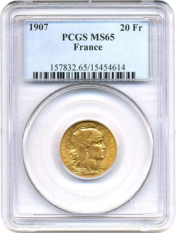 image for: France: 1907 20 Fr PCGS MS65 (KM-857)