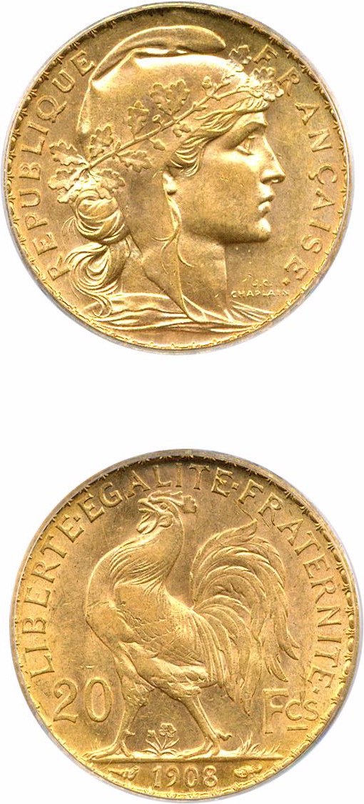 image for: France: 1908 20 Fr PCGS MS62 (KM-857)