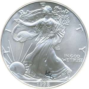 image for: Mint Error: 1998 $1 NGC MS69 (Silver Eagle, Obverse Struck Thru)