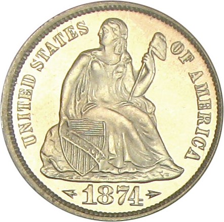 image for: 1874 10c PCGS Proof 64 Cameo (Arrows)