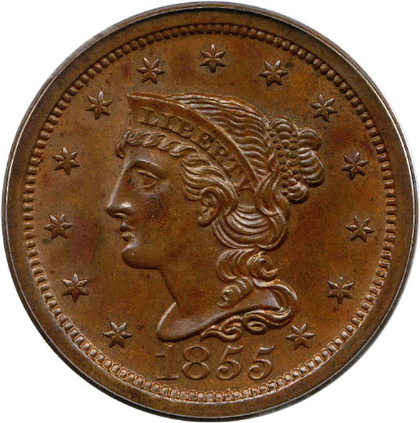 image for: 1855 1c PCGS MS63 BN (Slanted 55)