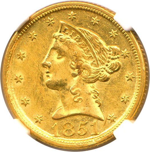 image for: 1851-D $5 NGC Unc Details (Improperly Cleaned)