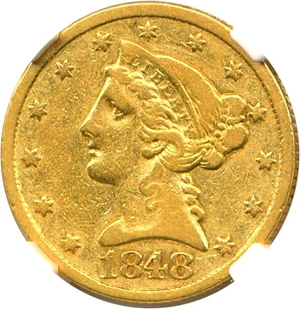 image for: 1848-C $5 NGC VF Details (Improperly Cleaned)