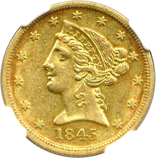 image for: 1845-D $5 NGC AU55