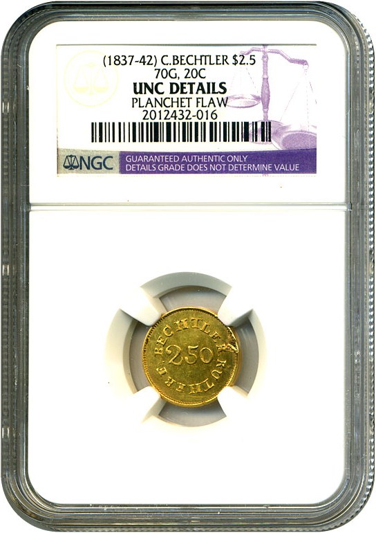 image for: C Bechtler (1837-42) $2 1/2 NGC Unc Details (70G, 20C, Planchet Flaw)