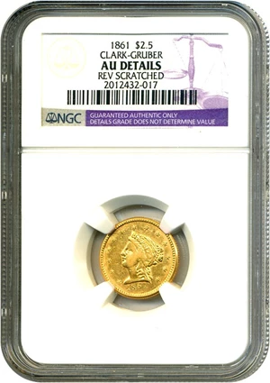 image for: 1861 Clark-Gruber $2 1/2 NGC AU Details (Reverse Scratched)
