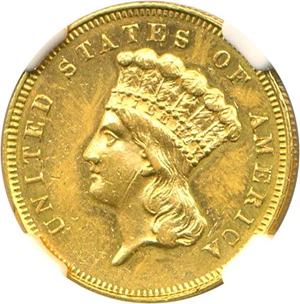 image for: 1864 $3 NGC Unc Details (Improperly Cleaned)