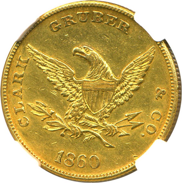 image for: 1860 Clark Gruber $10 NGC Unc Details (Improperly Cleaned)