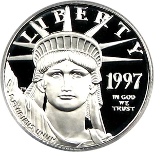 image for: Mint Error: 1997-W $25 PCGS Proof 67 DCameo (Platinum Eagle, Struck Thru Thread Reverse)