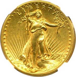 image for: 1907 $20 NGC AU50 (High Relief, Flat Rim)