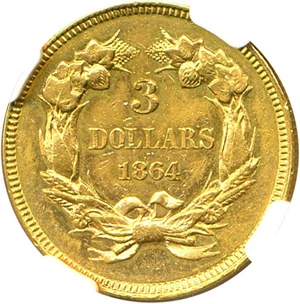 image for: 1864 $3 NGC Unc Details (Improperly Cleaned)