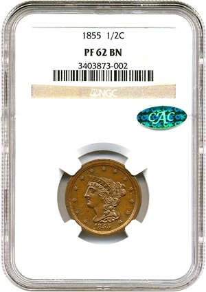 image for: 1855 1/2c NGC/CAC Proof 62 BN