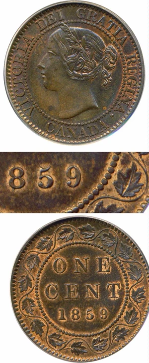 image for: Canada: 1859 1c PCGS MS64 BN (Ty.2, Double Punched 9)