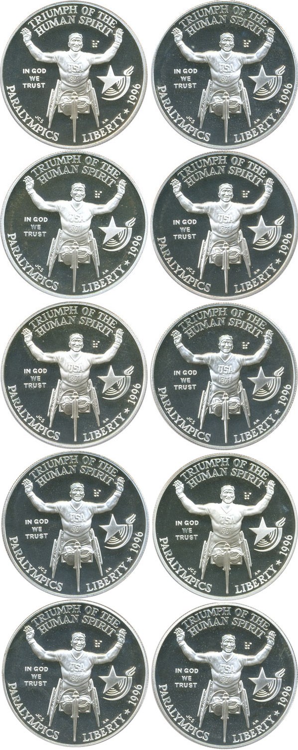 image for: (Lot of 10): 1996-P $1 PCGS Proof 69 DCameo (Paralympics Wheelchair)