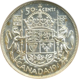 image for: Canada: 1947 50C NGC AU58 (Straight 7, Maple Leaf)