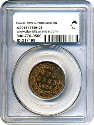 image for: Canada: 1859 1c PCGS MS64 BN (Ty.2, Double Punched 9)
