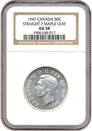 image for: Canada: 1947 50C NGC AU58 (Straight 7, Maple Leaf)