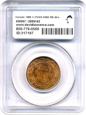 image for: Canada: 1859 1c PCGS MS63 RB (Bronze, Narrow 9)