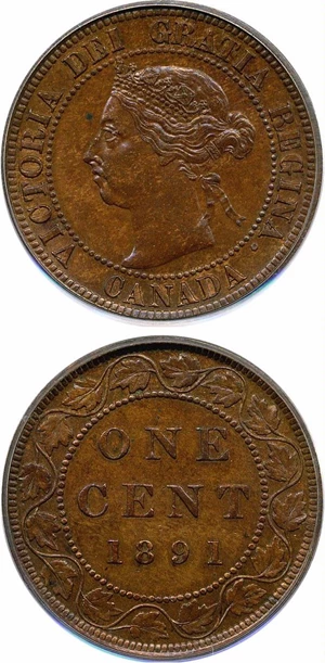 image for: Canada: 1891 1c PCGS AU58 (Sm.Dt, Lg.Ltr)