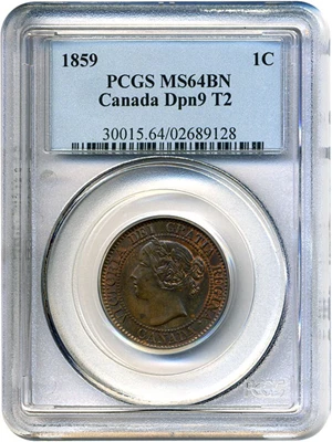 image for: Canada: 1859 1c PCGS MS64 BN (Ty.2, Double Punched 9)