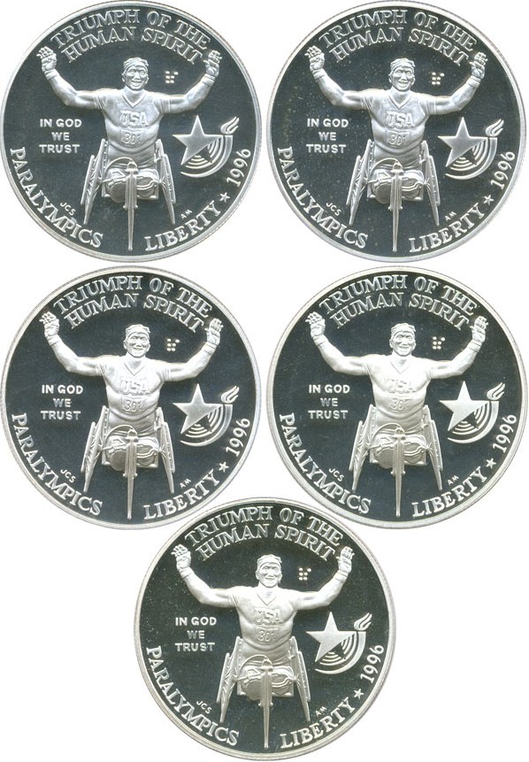 image for: 5-Coin Lot: 1996-P $1 PCGS Proof 69 DCameo (Paralympics Wheelchair)
