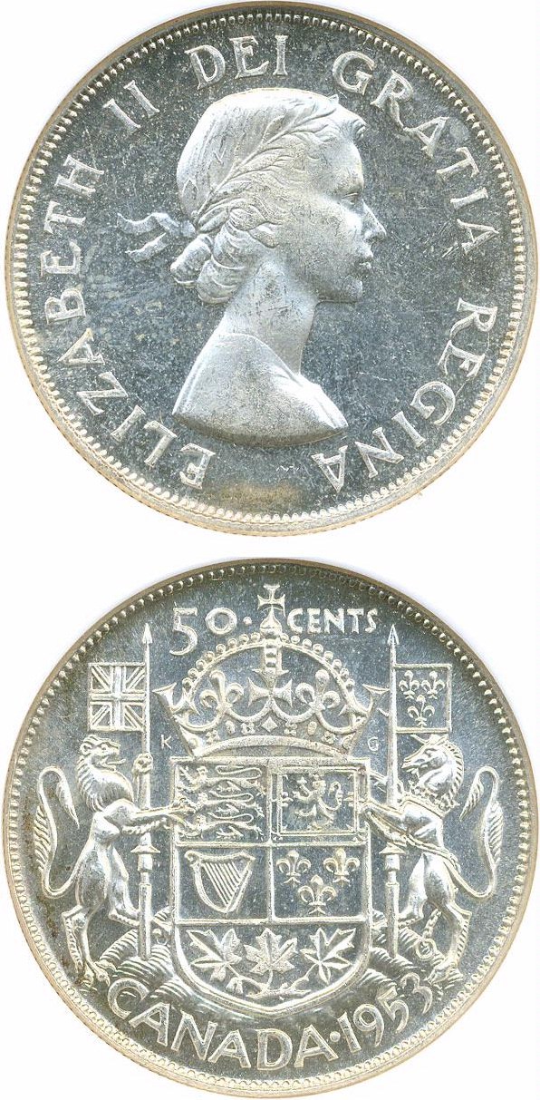 image for: Canada: 1953 50C NGC MS63 (Sm.Date, No Shoulder Fold)