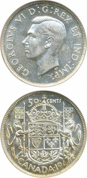 image for: Canada: 1947 50C NGC AU58 (Straight 7, Maple Leaf)