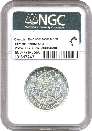 image for: Canada: 1945 50C NGC MS63