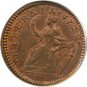 image for: 1723 1/2 P PCGS/CAC MS64 RB (Hibernia)