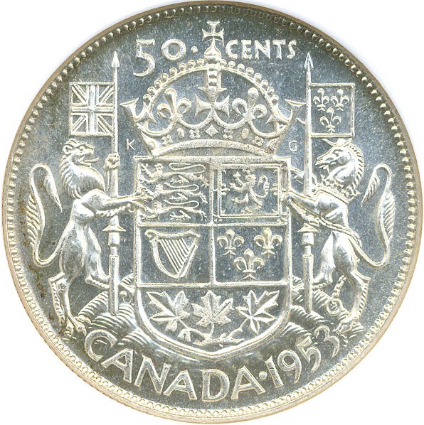 image for: Canada: 1953 50C NGC MS63 (Sm.Date, No Shoulder Fold)