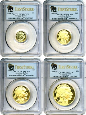 image for: 2008-W $5, $10, $25 & $50 PCGS Proof 70 DCameo (4-Coin American Buffalo Set, First Strike)