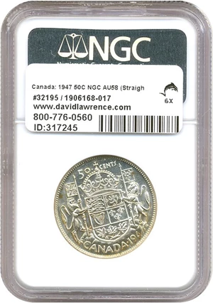 image for: Canada: 1947 50C NGC AU58 (Straight 7, Maple Leaf)